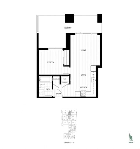 Floor plan for 1 bed, 1 bath, 523 sqft